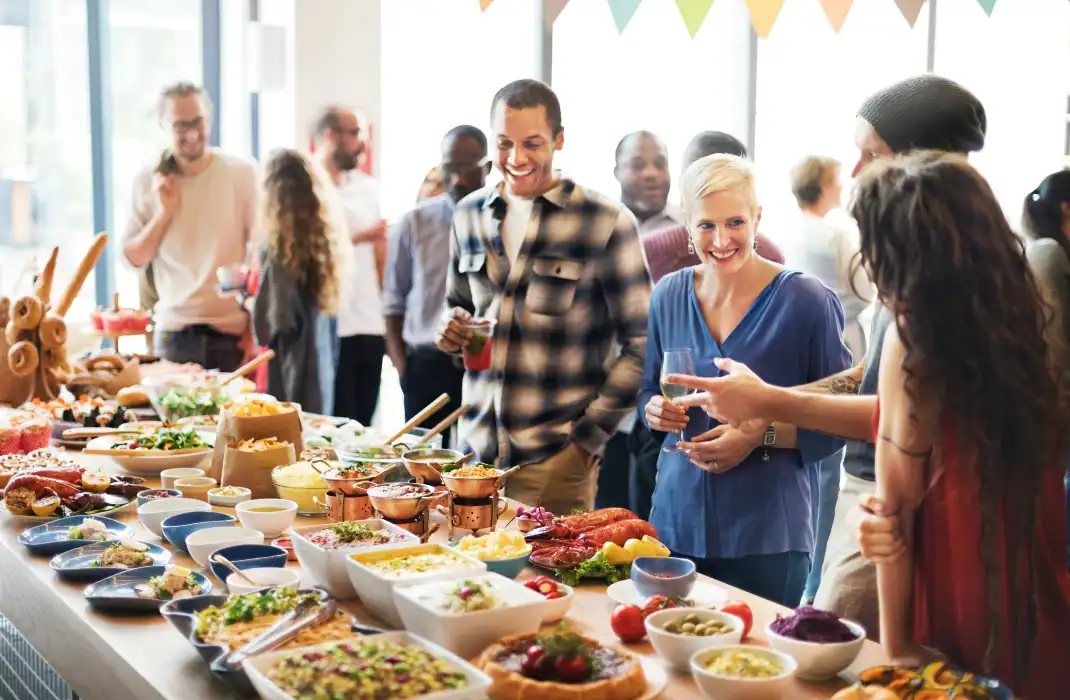 food served in warming trays during party