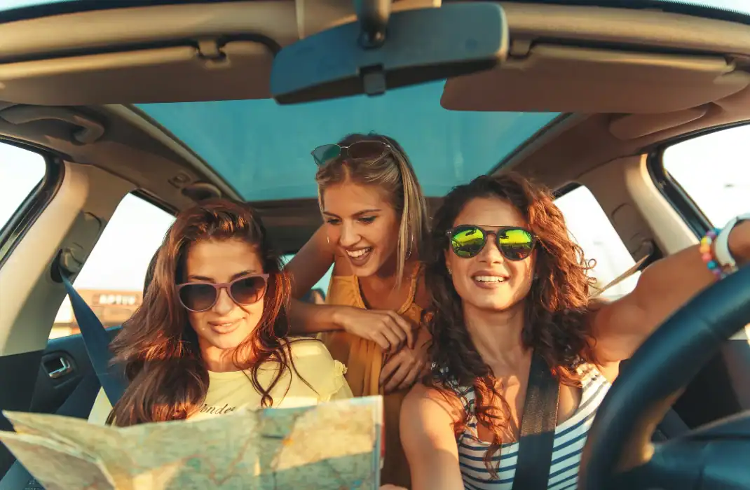 Girls on a road trip as their bachelorette party.