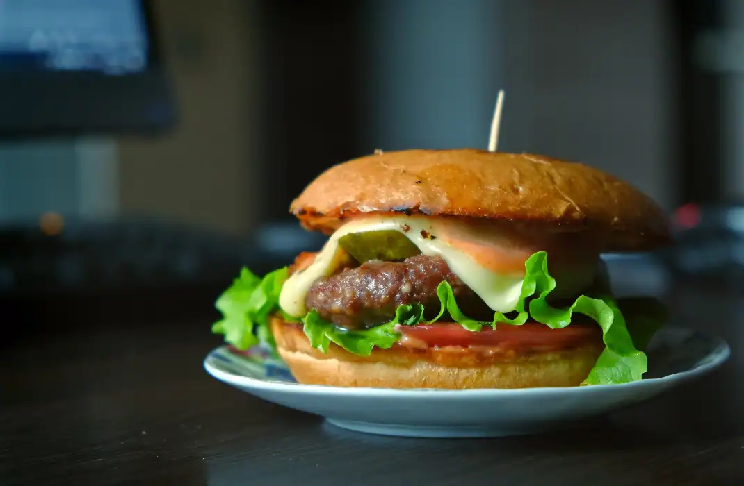 juicy burger with cheese, pickle and tomato