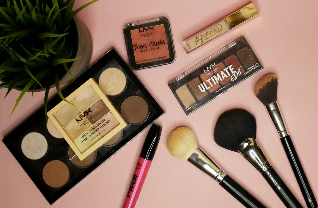 makeup on pink table
