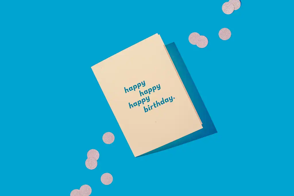 Happy birthday greeting card with "happy happy happy birthday" message on a blue background.