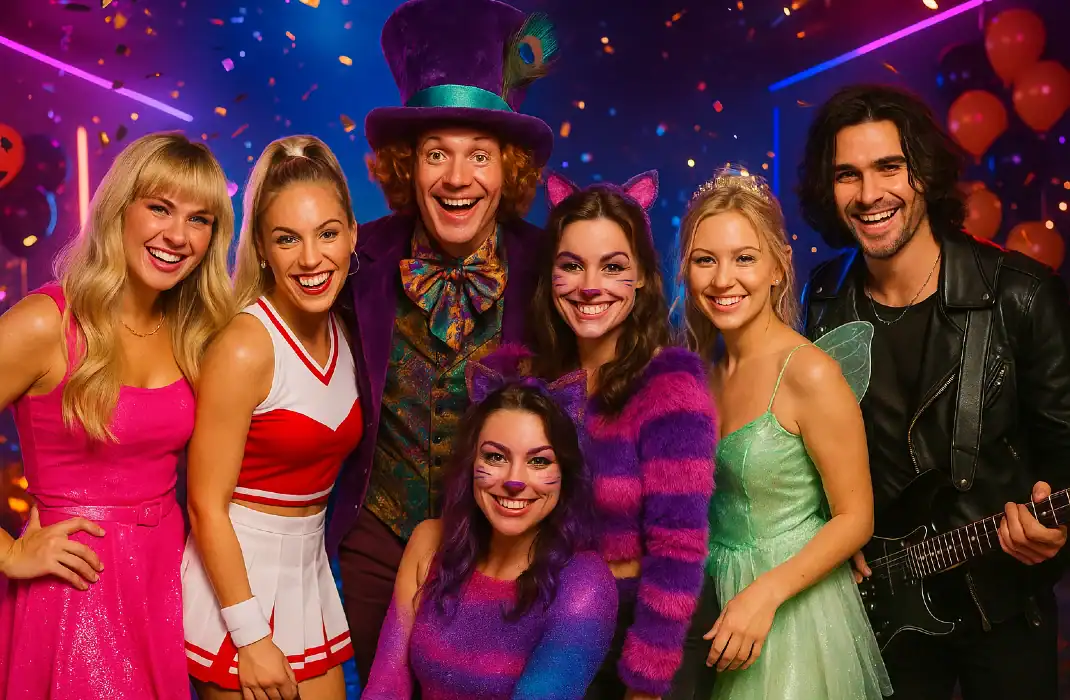 friends dressed in different costumes including alice and hope