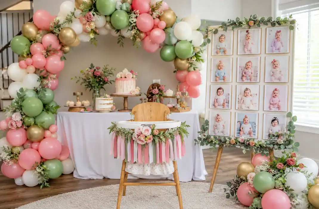 balloon arch surrounding birthday table setup