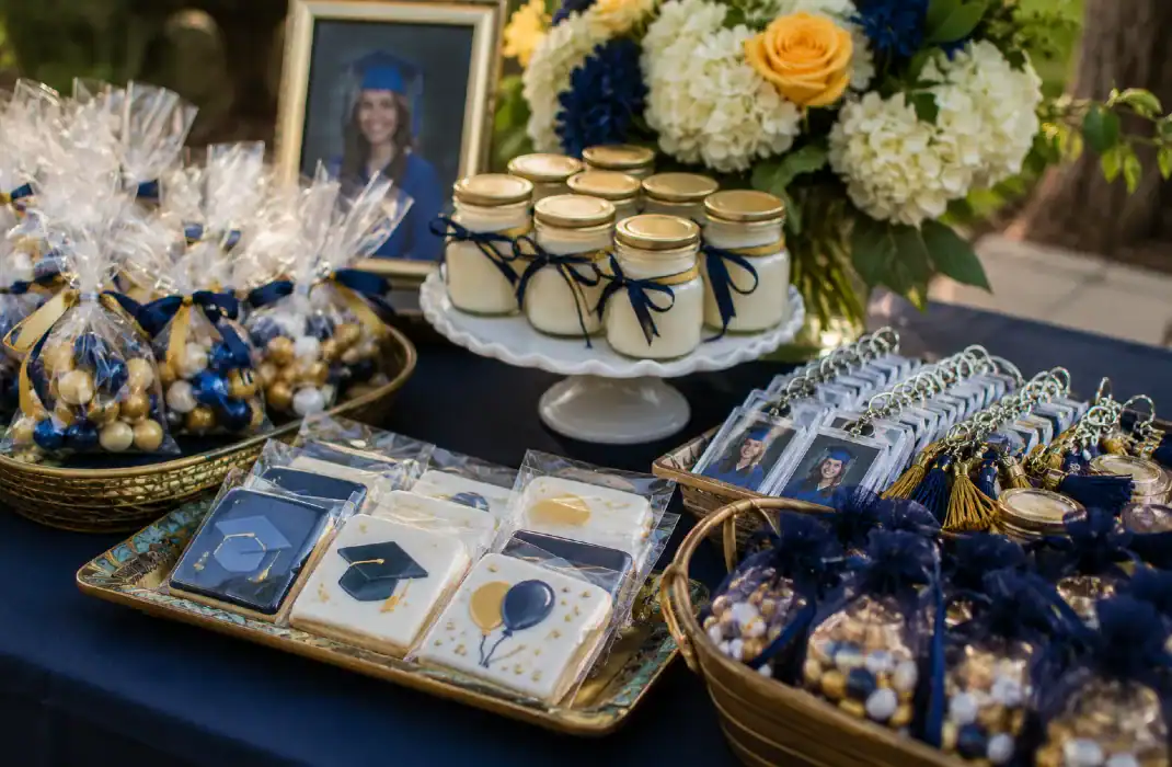blue and gold graduation party favors