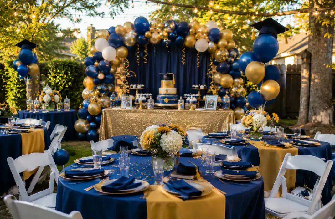 blue and gold graduation party theme