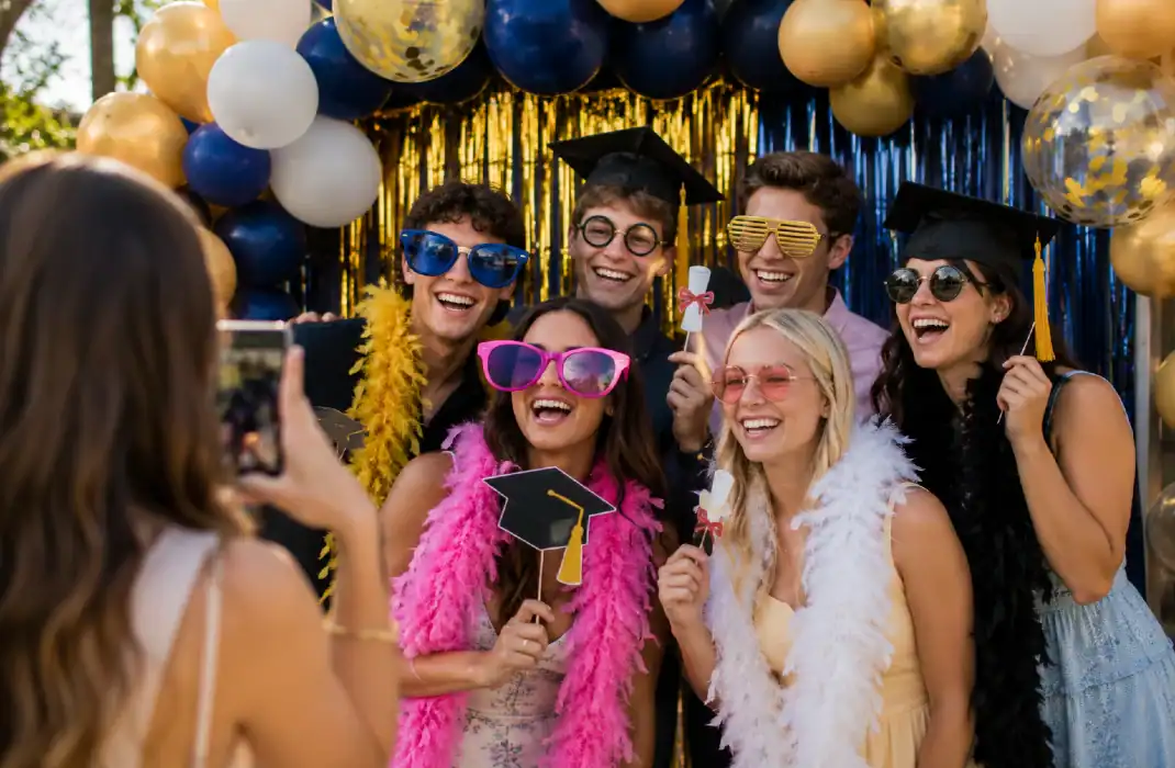 friends posing with props at a graduation party