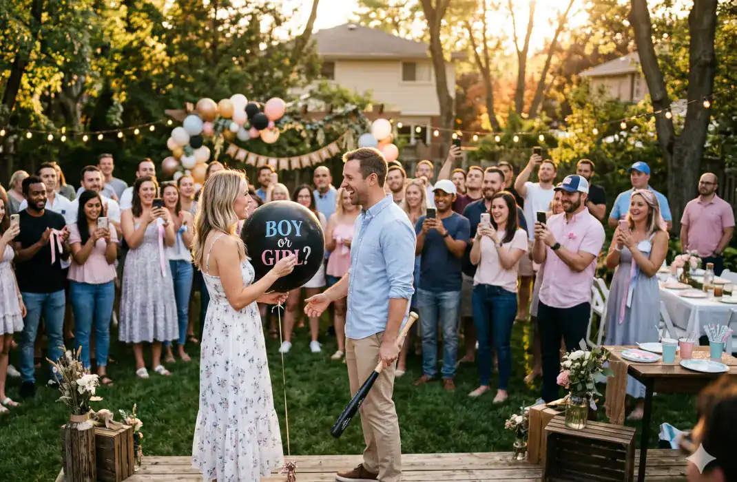parents ready to pop balloon at gender reveal party