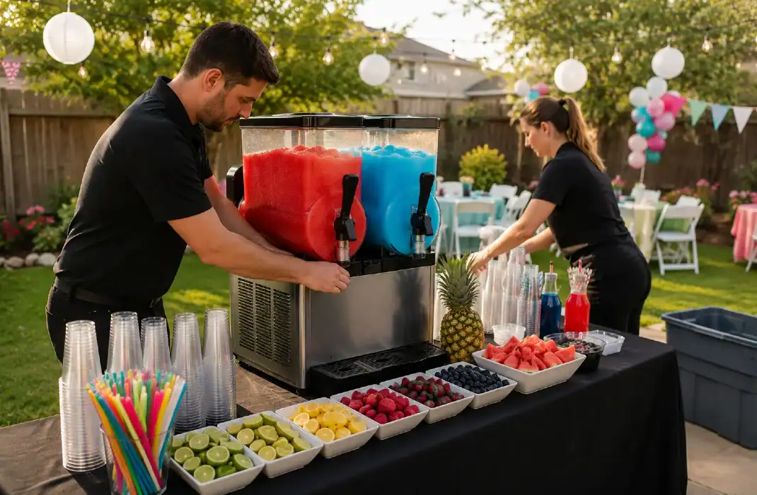 people busy setting up frozen drink machines station